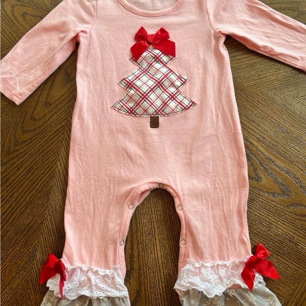 Pink Baby Girl Ruffle Christmas Tree Romper with Red Bows